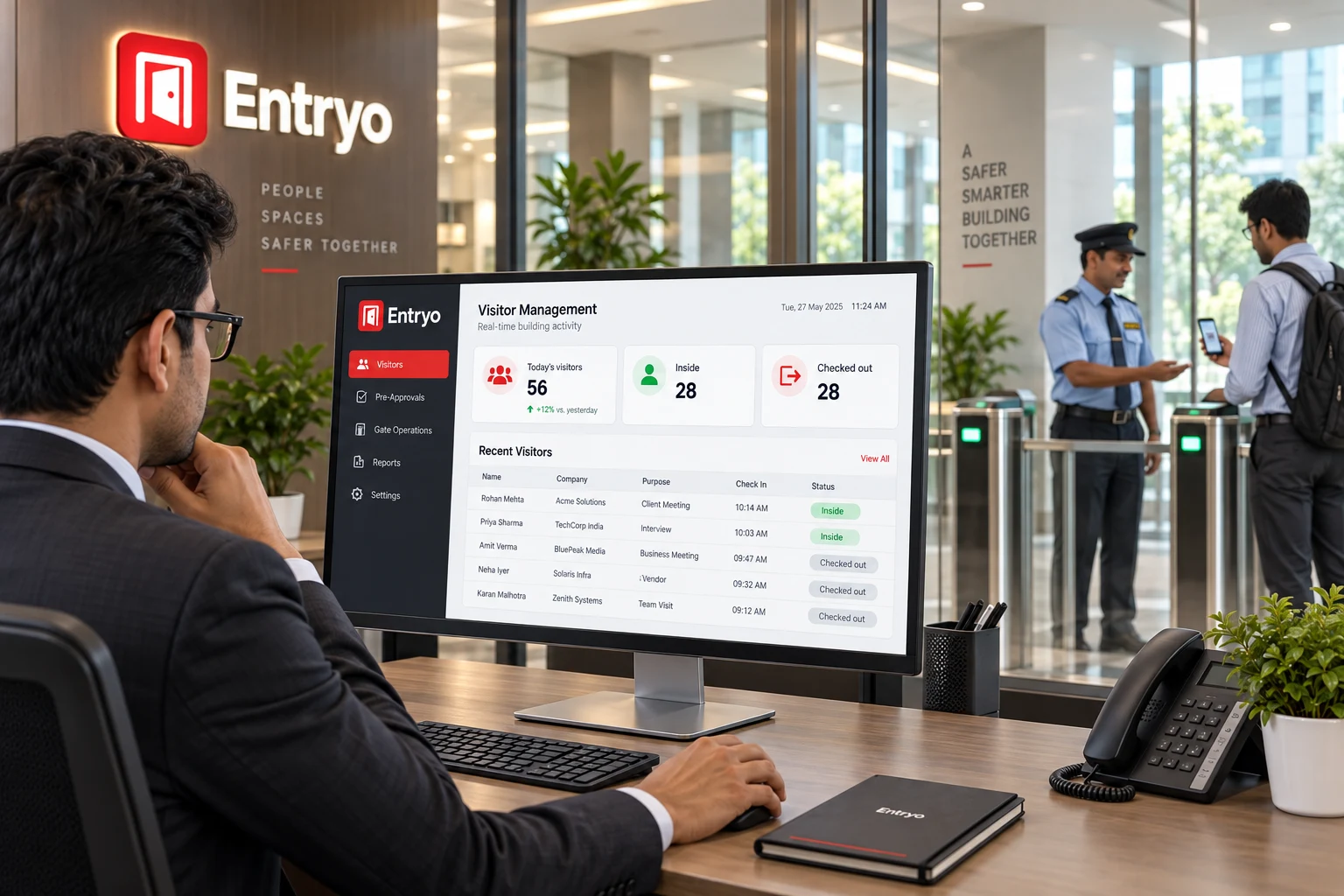 Building Admin reviewing Entryo visitor activity while a Guard manages arrivals at the gate