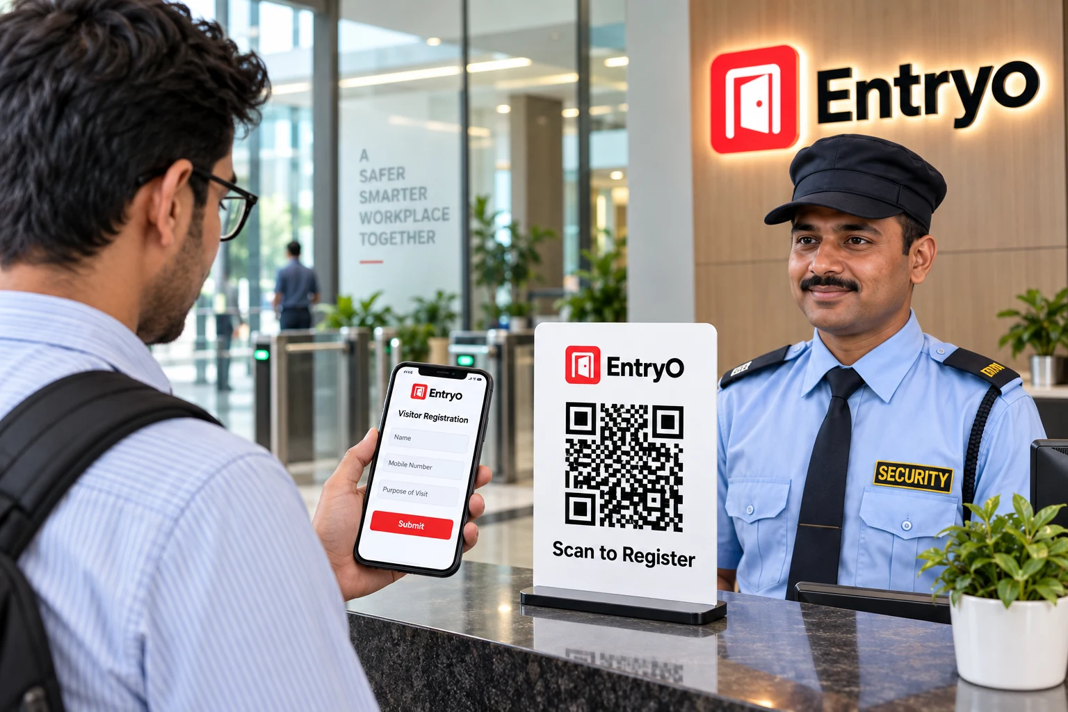 A visitor previews Entryo registration beside a professional guard and an Entryo website QR sign