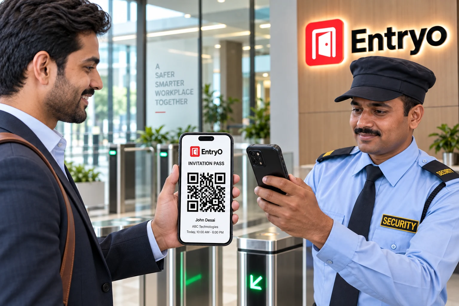 Entryo security guard scanning an invited visitor's QR invitation pass at the gate