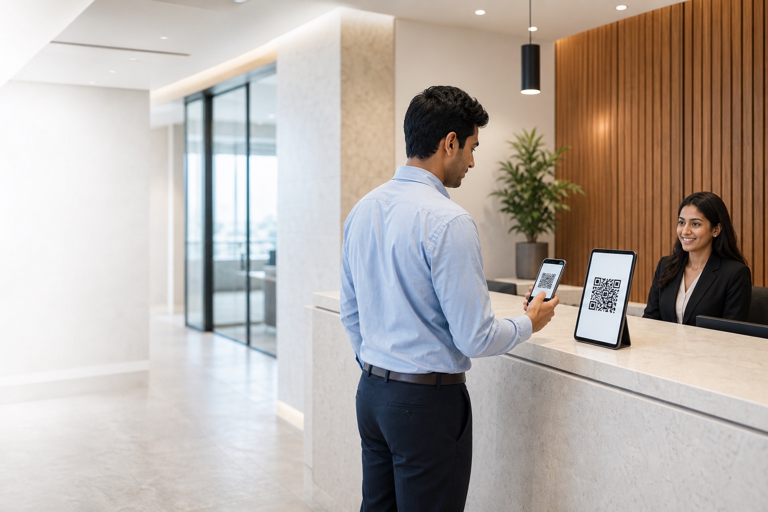A professional reception desk using a digital visitor check-in system